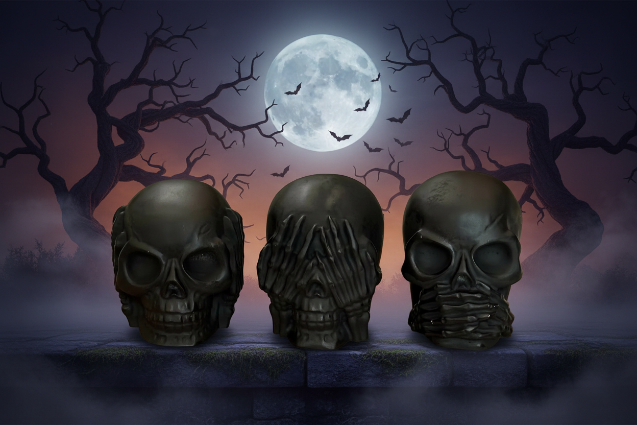 Hear No Evil, See No Evil, Speak No Evil Skull Statue set