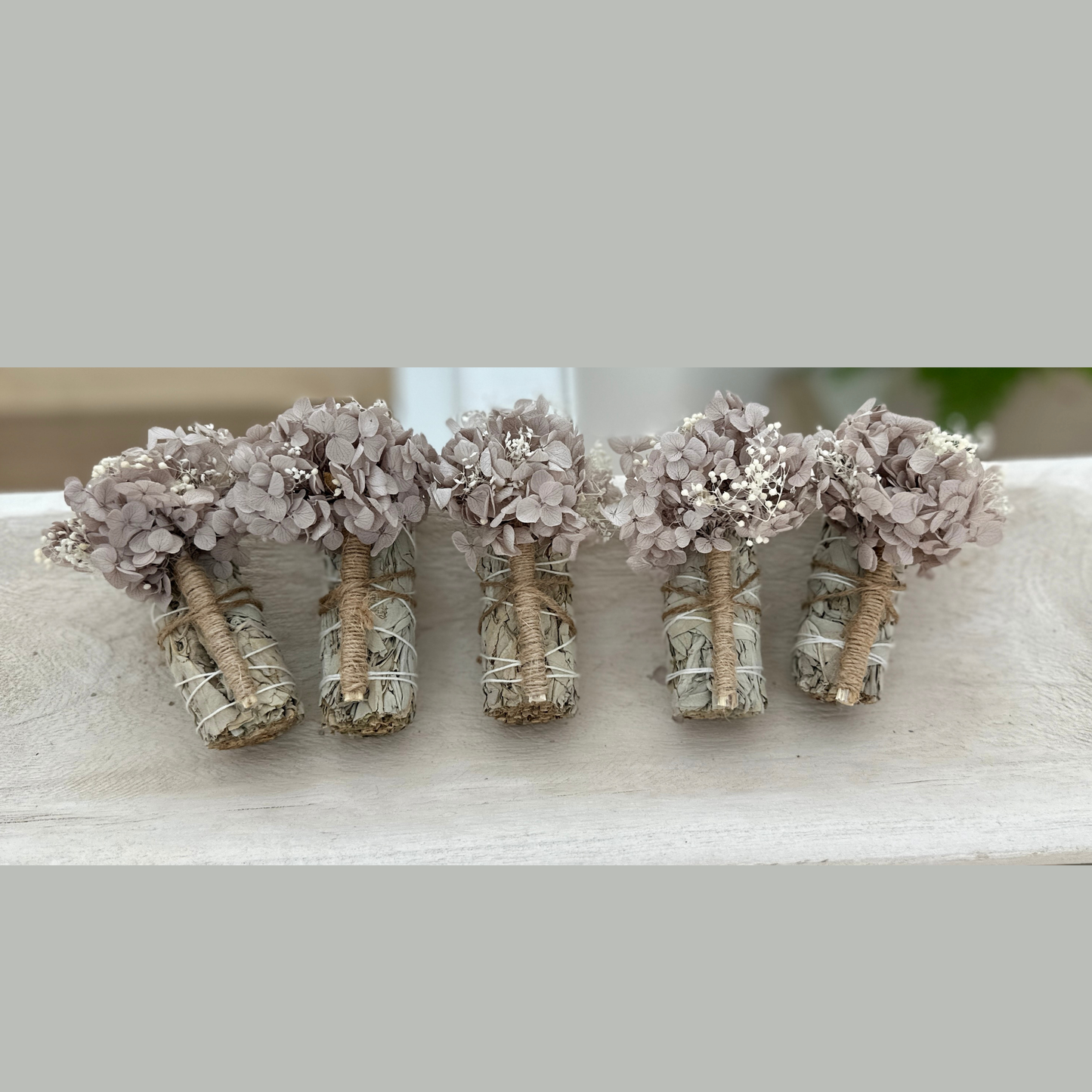 White Sage Sticks with Hydrangea Flowers in Neutral Colors