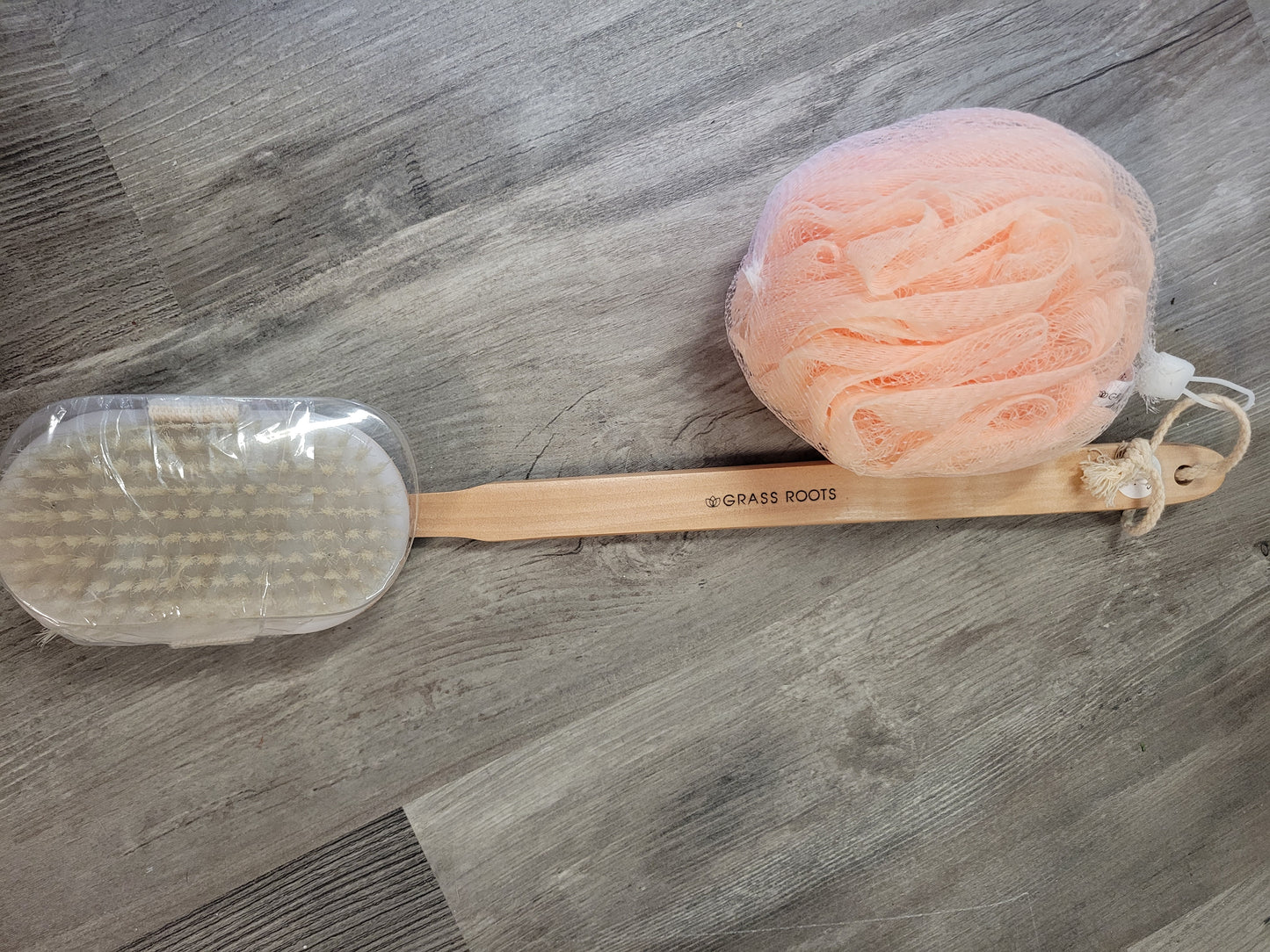 Shower Puff with Wooden Brush